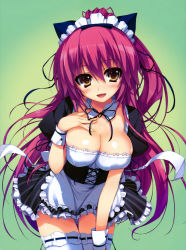 Rule 34 | 1girl, absurdres, akusera, android, apron, breasts, brown eyes, cleavage, corset, detached collar, hair ribbon, hand on own chest, highres, large breasts, leaning forward, long hair, maid, maid apron, maid headdress, ponytail, puffy sleeves, red hair, reminiscence, ribbon, smile, solo, thighhighs, tomose shunsaku, very long hair, white thighhighs, wrist cuffs