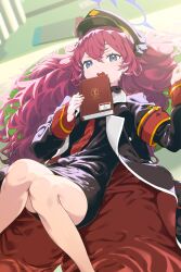 Rule 34 | 1girl, absurdres, armband, black hat, blue archive, book, grey eyes, haimura kiyotaka, hair between eyes, halo, hat, highres, holding, holding book, iroha (blue archive), jacket, long hair, long sleeves, looking at viewer, military, military hat, necktie, nintendo switch, peaked cap, pink hair, red necktie, shirt, solo, thighs