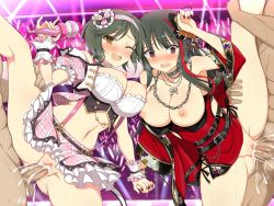 Rule 34 | 2boys, 2girls, abs, blush, breasts, breasts out, brown eyes, cum, cum in pussy, ejaculation, group sex, highres, leg up, long hair, mai (senran kagura), multiple boys, multiple girls, nail polish, nipples, no panties, nude, one eye closed, pussy, red eyes, senran kagura, sex, skirt, tsubaki (senran kagura), vaginal, yaomai