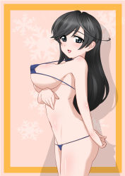 Rule 34 | 1girl, absurdres, ahoge, bikini, black eyes, black hair, blue bikini, border, breast hold, breasts, commentary request, covered erect nipples, from side, girls und panzer, highres, isuzu hana, large breasts, long hair, looking at viewer, micro bikini, nandemo kanden, navel, open mouth, outside border, shadow, smile, solo, standing, string bikini, swept bangs, swimsuit, yellow border
