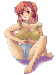 Rule 34 | 1girl, barefoot, blue (ao maru), boxers, breasts, feet, female focus, huge breasts, male underwear, original, red eyes, red hair, see-through, simple background, sitting, solo, tank top, underwear, white background