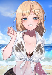 Rule 34 | 1girl, beach, bikini, bikini under clothes, blonde hair, blue eyes, blush, breasts, brown bikini, grin, hair ornament, highres, hololive, hololive english, iver (reviolet), large breasts, looking at viewer, navel, ocean, see-through, see-through shirt, shirt, smile, solo, stomach, swimsuit, virtual youtuber, watson amelia, waves, wet, wet clothes, wet shirt, white shirt