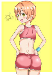 Rule 34 | 1girl, alternate costume, ass, bare shoulders, blush, from behind, green eyes, hoshizora rin, looking at viewer, looking back, love live!, love live! school idol project, masa, open mouth, orange hair, shiny clothes, shiny skin, short hair, short shorts, shorts, smile, solo