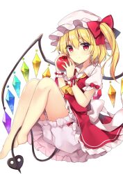 Rule 34 | 1girl, apple, ascot, back bow, bare legs, barefoot, bat wings, between legs, blonde hair, bloomers, blush, bow, closed mouth, commentary, crossed legs, crystal, fingernails, flandre scarlet, food, frilled cuffs, frilled skirt, frills, fruit, full body, hair between eyes, hair bow, hands up, hat, highres, holding, holding food, holding fruit, knees up, laevatein (tail), legs together, long hair, looking at viewer, mob cap, puffy short sleeves, puffy sleeves, rainbow, red bow, red eyes, red skirt, red vest, red wrist cuffs, ruhika, shirt, short sleeves, side ponytail, simple background, sitting, skirt, smile, solo, tail, tail between legs, touhou, underwear, vest, white background, white bloomers, white bow, white hat, white shirt, wings, wrist cuffs, yellow ascot