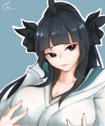 Rule 34 | 1girl, absurdres, alternate breast size, artemis of the blue, atelier live, black eyes, black hair, blue background, breasts, cleavage, commentary, english commentary, enzore, grabbing own breast, highres, large breasts, looking to the side, mole, mole under eye, shark fin, shark girl, solo, virtual youtuber