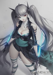 Rule 34 | 1girl, aqua eyes, arm belt, arms at sides, artist name, bad id, bad pixiv id, black gloves, blunt bangs, blurry, bracelet, breasts, bustier, character request, cleavage, closed mouth, clothing cutout, cross-laced clothes, cyphers, dadachyo, depth of field, detached collar, dual wielding, dust, eyebrows, eyelashes, female focus, fingerless gloves, from above, gloves, glowing, glowing sword, glowing weapon, grey background, grey hair, hair ornament, heterochromia, holding, holding sword, holding weapon, jewelry, legs apart, leotard, lips, long hair, looking at viewer, looking up, medium breasts, red eyes, sash, shoulder cutout, showgirl skirt, sleeves past elbows, solo, spiked bracelet, spikes, standing, sword, thighhighs, twintails, very long hair, weapon, white thighhighs