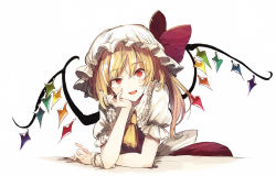 Rule 34 | 1girl, ascot, blonde hair, fingernails, flandre scarlet, hat, hat ribbon, head rest, hisona (suaritesumi), leaning forward, long fingernails, long hair, looking at viewer, mob cap, puffy short sleeves, puffy sleeves, red eyes, red ribbon, ribbon, short sleeves, simple background, smile, solo, touhou, uneven eyes, white background, white hat, wings, wrist cuffs, yellow ascot