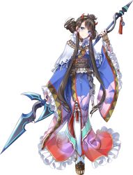 Rule 34 | 1girl, blue eyes, blue kimono, brown hair, drill hair, fake horns, full body, hachiouji (oshiro project), hair ornament, head tilt, holding, holding polearm, holding spear, holding weapon, horned headwear, horns, japanese clothes, kazune (baumkuchen), kimono, long hair, oshiro project:re, oshiro project:re, polearm, smile, solo, spear, swept bangs, thighhighs, transparent background, twin drills, very long hair, weapon, weapon on back, white thighhighs