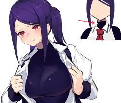 Rule 34 | 1girl, absurdres, black shirt, black undershirt, black vest, blush, bra, breasts, collarbone, commentary request, highres, jill stingray, lace, lace-trimmed bra, lace trim, large breasts, long hair, long sleeves, necktie, nervous smile, open clothes, open shirt, purple hair, red eyes, red necktie, see-through, see-through shirt, shirt, simple background, smile, sweat, swept bangs, twintails, undershirt, underwear, undressing, upper body, va-11 hall-a, vest, white background, white shirt, yanagui
