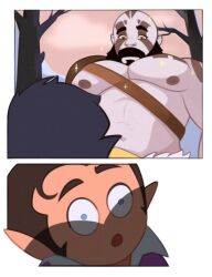 Rule 34 | 0 0, 2boys, 2koma, abs, bald, bara, bare pectorals, bare tree, beard, blue eyes, blue skin, boob shadow (meme), boob shadow (sibi2028), brown hair, chest harness, chibi, colored skin, comic, critical role, dark-skinned male, dark skin, dungeons & dragons, dungeons &amp; dragons, facial hair, gnome, grog strongjaw, harness, head tattoo, large pectorals, long sideburns, male focus, mature male, meme, multiple boys, muscular, muscular male, mustache, navel, nipples, pectorals, raised eyebrows, scanlan shorthalt, shoulder tattoo, sideburns, size difference, sparkle, stomach, tattoo, the legend of vox machina, thick eyebrows, tree, upper body, venkman (venkpng), yaoi