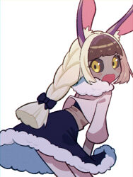 Rule 34 | 1girl, animal ears, black bow, black dress, black sclera, blonde hair, blush, bow, braid, brown hair, brown sash, colored sclera, colored skin, cropped legs, dark skin, dress, embarrassed, fur-trimmed dress, fur-trimmed jacket, fur trim, grey jacket, hair bow, holding, holding clothes, holding dress, jacket, lagombi, long sleeves, looking at viewer, looking back, monster hunter (series), multicolored hair, open mouth, personification, rabbit ears, simple background, single braid, solo, two-tone hair, user ttug5452, white skin