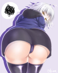 Rule 34 | 1girl, ass, dress, embarrassed, fate/grand order, fate (series), from behind, from below, fur trim, highres, huge ass, jacket, jeanne d&#039;arc (fate), jeanne d&#039;arc alter (fate), leaning, leaning forward, looking at viewer, looking back, looking down, okame, panties, pantyshot, shiny clothes, shiny skin, short dress, short hair, silver hair, solo, thighhighs, underwear, upskirt