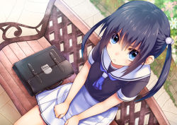 Rule 34 | 1girl, :&lt;, bad id, bad nicoseiga id, bag, bench, black hair, blue eyes, blue hair, blush, from above, hair ornament, looking at viewer, looking up, matching hair/eyes, original, school bag, school uniform, sitting, solo, sugimeno, twintails