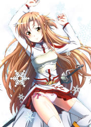 Rule 34 | 10s, 1girl, arm up, armor, asuna (sao), blush, bow, bow panties, breastplate, brown eyes, brown hair, highres, long hair, looking at viewer, lou (artist), lying, miyajima hitoshi, on back, open mouth, panties, pink panties, revision, smile, snowflakes, solo, sword, sword art online, thighhighs, underwear, weapon, white thighhighs