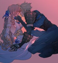 1boy 1girl aerith_gainsborough aerith_gainsborough_(prism_dress) armor bare_shoulders black_footwear black_gloves black_hakama blonde_hair blue_eyes blue_flower blue_ribbon blue_rose boots breasts brown_hair choker cleavage cloud_strife cloud_strife_(murasame) curly_hair dated detached_sleeves dress dress_flower final_fantasy final_fantasy_vii final_fantasy_vii_ever_crisis flower gloves gold_trim green_eyes hair_flower hair_ornament hair_ribbon hakama hand_on_another&#039;s_chin hetero holding_hands japanese_armor japanese_clothes long_hair low_ponytail medium_breasts official_alternate_costume on_one_knee parted_bangs parted_lips pink_background plunging_neckline ribbon rose short_hair shoulder_armor sideboob sidelocks spiked_hair tiara twitter_username wakakusa-e white_dress white_sleeves