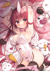 Rule 34 | 1girl, animal ears, armpits, arms up, bare shoulders, bed sheet, breasts, brown thighhighs, carrot, cleavage, closed mouth, collar, commentary request, cuffs, fake animal ears, frilled leotard, frills, garter straps, hairband, hanamiya natsuka, handcuffs, heart, heart-shaped eyes, high heels, large breasts, leash, leotard, long hair, looking at viewer, original, pink collar, rabbit ears, red eyes, red footwear, red hair, restrained, shoes, solo, strapless, strapless leotard, stuffed animal, stuffed rabbit, stuffed toy, thighhighs, twintails, very long hair, white hairband, white leotard, x x