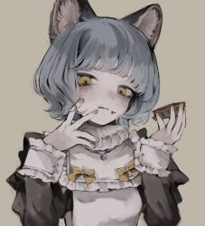 Rule 34 | 1girl, :3, alternate costume, animal ear fluff, animal ears, bell, black dress, blue hair, blunt bangs, blush, bow, cat ears, cat girl, curly hair, dress, eating, enmaided, fingernails, food, food on face, frilled cuffs, frills, grey background, grey hair, hand on own face, hands up, head tilt, highres, holding, holding food, juliet sleeves, licking, licking lips, light smile, long sleeves, looking down, maid, manuka x x, muted color, nail polish, neck bell, neck ruff, nina (valis), puffy sleeves, short hair, simple background, solo, tongue, tongue out, upper body, valis (sinsekai), wrist cuffs, yellow bow, yellow eyes, yellow nails
