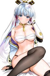 Rule 34 | 1girl, arm guards, ayaka (genshin impact), bandages, bare shoulders, black thighhighs, blue eyes, blue hair, blue shirt, blunt bangs, blush, breasts, bridal gauntlets, cleavage, collarbone, commentary request, detached sleeves, genshin impact, hair ornament, highres, jewelry, large breasts, light blue hair, long hair, looking at viewer, neck ring, off shoulder, open clothes, open shirt, ponytail, revision, sarashi, seiru (prairie), shirt, short sleeves, sidelocks, sitting, solo, tassel, thighhighs, thighs