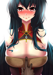Rule 34 | 1girl, absurdres, azur lane, bad id, bad pixiv id, bare shoulders, black hair, blush, breasts, breasts squeezed together, bridal gauntlets, china dress, chinese clothes, cleavage cutout, clothing cutout, creepy eyes, crossed bangs, cutout above navel, dress, empty eyes, evil smile, full-face blush, h.carrrrrrot, highres, huge breasts, long hair, looking at viewer, official alternate costume, pov, pov hands, red eyes, red lips, simple background, smile, taihou (azur lane), taihou (phoenix&#039;s spring song) (azur lane), very long hair, white background, yandere