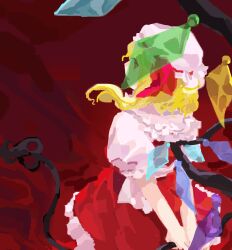 Rule 34 | 1girl, arms behind back, blonde hair, commentary request, crystal wings, flandre scarlet, frilled shirt, frilled skirt, frills, from behind, hat, highres, kaigen 1025, laevatein (touhou), looking at viewer, looking back, medium hair, mob cap, open mouth, puffy short sleeves, puffy sleeves, red background, red eyes, red ribbon, red skirt, red vest, ribbon, shirt, short sleeves, skirt, touhou, vest, white shirt, wings