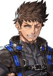 Rule 34 | 1boy, belt, brown eyes, brown hair, facial hair, goatee, hungry clicker, jacket, looking at viewer, male focus, muscular, muscular male, one eye closed, rex (xenoblade), scar, scar across eye, smile, solo, spiked hair, stubble, upper body, xenoblade chronicles (series), xenoblade chronicles 3, xenoblade chronicles 3: future redeemed