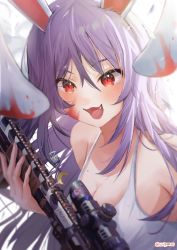 Rule 34 | 1girl, :3, :d, absurdres, animal ears, ar-15, bare shoulders, blood, blood on face, breasts, camisole, character name, charm (object), cirno, cleavage, crescent, fang, fumo (doll), gun, hair between eyes, heart, highres, holding, holding gun, holding weapon, long hair, looking at viewer, mole, mole on breast, open mouth, purple hair, rabbit, rabbit ears, rabbit girl, red eyes, reisen udongein inaba, rifle, scope, simple background, smile, solo, star (symbol), sticker, touhou, twitter username, upper body, weapon, white background, white camisole, wwparasi