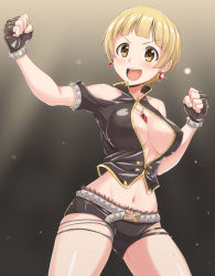 Rule 34 | 10s, 1girl, :d, armlet, belt, black gloves, black shorts, blonde hair, bracelet, breasts, brown eyes, center opening, clenched hands, clothing cutout, covered erect nipples, cowboy shot, dan (orange train), earrings, fingerless gloves, fukuda noriko, glint, gloves, grey panties, hand up, idolmaster, idolmaster million live!, jewelry, large breasts, legs apart, lens flare, light particles, midriff, navel, necklace, no bra, open mouth, outstretched arm, panties, pendant, short hair, short shorts, short sleeves, shorts, shoulder cutout, smile, solo, stomach, sweat, torn clothes, torn panties, torn shorts, underwear