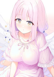 Rule 34 | 1girl, barefoot, bed sheet, blue archive, blush, breasts, brown eyes, collarbone, commentary request, dress, feathered wings, frilled sleeves, frills, large breasts, long hair, looking at viewer, mika (blue archive), o (rakkasei), parted lips, pink dress, pink hair, short sleeves, sitting, solo, very long hair, white background, white wings, wings