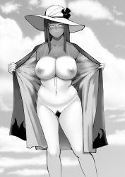 Rule 34 | 1girl, absurdres, bikini pull, boruto: naruto next generations, bottomless, breasts, clothes pull, coat, exhibitionism, female pubic hair, flashing, greyscale, hat, highres, hyuuga hinata, jnsdh, large breasts, long hair, mature female, moderate pubic hair, monochrome, naruto (series), navel, nipples, open mouth, outdoors, plump, pubic hair, public indecency, pussy, shade, smile, solo, sun hat, tan, unworn coat