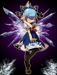 Rule 34 | 1girl, blue eyes, blue hair, bow, cirno, female focus, full body, hair bow, ice, matching hair/eyes, pantyhose, short hair, short ponytail, solo, soxy, embodiment of scarlet devil, touhou, wings