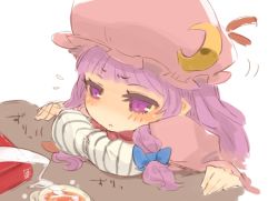 Rule 34 | 1girl, book, breast rest, breasts, cup, female focus, hat, mota, patchouli knowledge, purple eyes, purple hair, sketch, solo, touhou, white background