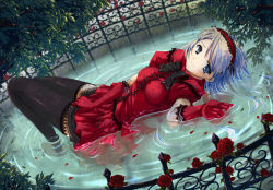 Rule 34 | 1girl, blue eyes, blue hair, blush, elbow gloves, flower, gloves, goth fashion, headdress, lying, matching hair/eyes, on back, original, partially submerged, red flower, red gloves, red rose, rose, ryoumoto ken, solo, thighhighs, water, wet, wet clothes