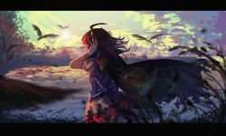 Rule 34 | 1girl, abstract background, ahoge, bird, black hair, cape, cloud, cone horns, covering own ears, day, dress, facing away, from side, grass, grey horns, hands on own head, highres, horns, kijin seija, lake, layered dress, lens flare, letterboxed, mountainous horizon, multicolored hair, nga (ray ray), no lineart, outdoors, shore, short hair, sky, solo, standing, streaked hair, torn cape, torn clothes, touhou, tree, upper body, wind, wind lift