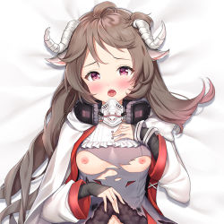 Rule 34 | 1girl, ahoge, animal ears, arknights, bed sheet, blush, breasts, brown hair, burnt clothes, coat, commentary, cropped, dakimakura (medium), dress, eyjafjalla (arknights), frills, from above, furrowed brow, gas mask, grey dress, hand on own chest, heart, heart-shaped pupils, horns, long hair, looking at viewer, lying, mask, mask around neck, nipples, on back, open clothes, open coat, open mouth, purple eyes, qi yuan zhi yu, red hair, saliva, sample watermark, sheep ears, sheep horns, small breasts, solo, symbol-shaped pupils, tongue, torn clothes, torn dress, upper body, watermark, white coat, wrist wrap