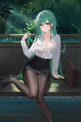 Rule 34 | 1girl, azur lane, bench, black pantyhose, black skirt, bra, breasts, cleavage, collared shirt, commentary request, green hair, highres, lace, lace bra, large breasts, littorio (azur lane), littorio (sitting in the rain) (azur lane), long hair, looking at viewer, office lady, official alternate costume, on bench, pantyhose, qing wu, rain, red eyes, see-through, see-through shirt, shirt, skirt, solo, underwear, wet, wet clothes, wet shirt, white bra, white shirt, wooden bench