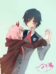 Rule 34 | 10s, 1boy, 1girl, black hair, blue eyes, blush, commentary request, couple, darling in the franxx, fringe trim, green eyes, hetero, highres, hiro (darling in the franxx), holding hands, horns, long hair, looking at another, military, military uniform, nakoya (nane cat), necktie, oni horns, pink hair, red horns, red neckwear, short hair, signature, uniform, zero two (darling in the franxx)