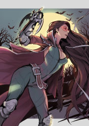 Rule 34 | 1girl, bat (animal), belt, bodysuit, bow (weapon), breasts, brown eyes, brown hair, cape, cleavage, crossbow, crossbow bolt, full moon, gauntlets, gloves, highres, league of legends, long hair, moon, night, racoona, red-tinted eyewear, solo, sunglasses, tight clothes, tinted eyewear, tree, vayne (league of legends), very long hair, weapon