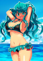 Rule 34 | 1girl, arms behind head, beach, bikini, blue eyes, blue hair, borokuro, breasts, creatures (company), day, frilled bikini, frills, game freak, gen 4 pokemon, groin, halterneck, hands in hair, highres, large breasts, long hair, looking at viewer, navel, nintendo, ocean, open mouth, personification, pokemon, sky, smile, solo, swimsuit, tangrowth, very long hair, water drop, wet