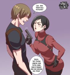 Rule 34 | 1boy, 1girl, ada wong, anger vein, artist name, black gloves, black hair, black pants, black shirt, bob cut, breasts, brown hair, closed eyes, dress, facing another, finger on trigger, gloves, gradient background, grey eyes, gun, hand on own hip, handgun, highres, holding, holding gun, holding weapon, indonesian text, kang cilok&#039;s, large breasts, leaning forward, leon s. kennedy, long sleeves, looking at another, open mouth, pants, red sweater, resident evil, resident evil 4, resident evil 4 (remake), shirt, short hair, short sleeves, speech bubble, sweater, sweater dress, teeth, translated, turtleneck, turtleneck sweater, upper body, upper teeth only, v-shaped eyebrows, very short hair, weapon