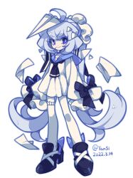 Rule 34 | 1girl, ahoge, artist name, black bow, black footwear, black neckerchief, blue eyes, blue hair, blue sailor collar, bow, closed mouth, dated, dress, frilled hairband, frills, full body, hairband, highres, looking at viewer, neckerchief, original, pantyhose, paper airplane, sailor collar, sailor dress, signature, sleeve bow, sleeves past fingers, sleeves past wrists, smile, solo, thigh strap, white background, white dress, white pantyhose, xianyudian laoban