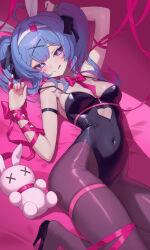 Rule 34 | 1girl, :q, absurdres, animal ears, black leotard, black pantyhose, blue eyes, blue hair, breasts, clothing cutout, covered navel, cutout above navel, dkxlek, fake animal ears, hair ornament, hairband, hatsune miku, heart, heart-shaped pupils, heart cutout, highleg, highleg leotard, highres, leotard, lying, multicolored hair, on back, pantyhose, pink hair, pink pupils, playboy bunny, rabbit ears, rabbit hair ornament, rabbit hole (vocaloid), ribbon, shoes, solo, streaked hair, stuffed toy, symbol-shaped pupils, teardrop facial mark, tongue, tongue out, twintails, two-tone hair, two side up, vocaloid, white hairband, x hair ornament