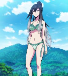 Rule 34 | 1girl, bikini, breasts, cleavage, cloud, female focus, frilled bikini, frills, hair ornament, keijo!!!!!!!!, kyoko shirayuki, large breasts, lowres, multicolored hair, outdoors, ponytail, side-tie bikini bottom, sky, solo, standing, stitched, swimsuit, third-party edit, two-tone hair