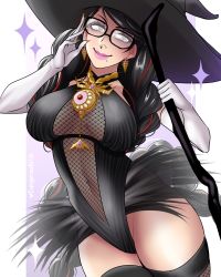 Rule 34 | 1girl, bayonetta, bayonetta (series), bayonetta 3, black hair, braid, breasts, breasts apart, clothing cutout, dangerousbride, earrings, elbow gloves, eyeshadow, female focus, fishnet thighhighs, fishnets, glasses, gloves, hat, highres, jewelry, leotard, lipstick, long hair, looking at viewer, makeup, mole, mole under mouth, multicolored hair, navel, red hair, simple background, smile, solo, streaked hair, thighhighs, twin braids, weapon, white gloves