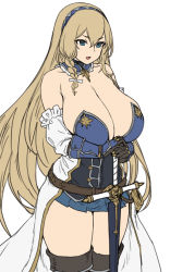 Rule 34 | 1girl, bare shoulders, black gloves, black thighhighs, blonde hair, blue eyes, blue hairband, braid, breasts, cleavage, cowboy shot, detached sleeves, flat color, gloves, hairband, highres, houtengeki, large breasts, long hair, long sleeves, original, parted lips, simple background, standing, sword, thighhighs, thighs, weapon, white background