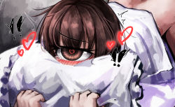 Rule 34 | !, !!, 1girl, bad id, bad pixiv id, blush, bottomless, brown eyes, brown hair, cyclops, doggystyle, eyes visible through hair, face in pillow, full-face blush, heart, heart-shaped pupils, hitomebore, implied sex, hugging object, official art, one-eyed, pillow, pillow grab, pillow hug, ray-k, sex, sex from behind, short hair, solo, symbol-shaped pupils, tears, top-down bottom-up, usui sachi