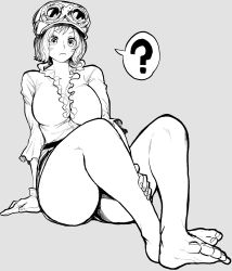 Rule 34 | 1girl, ?, bare legs, barefoot, blush, breasts, cleavage, closed mouth, commentary, feet, foot focus, frilled shirt, frills, full body, gloves, goggles, goggles on headwear, grey background, greyscale, hat, highres, koala (one piece), large breasts, miniskirt, monochrome, one piece, shirt, short hair, simple background, sitting, skirt, soles, solo, spoken question mark, thick thighs, thighs, yotsumi shiro