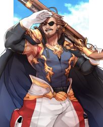 Rule 34 | 1boy, alex (cerealex), armor, baggy pants, bara, beard, brown eyes, brown hair, bulge, cloud, cloudy sky, eugen (granblue fantasy), eyepatch, facial hair, granblue fantasy, highres, long hair, male focus, manly, muscular, mustache, over shoulder, pants, pectorals, sky, smile, solo, weapon, weapon over shoulder
