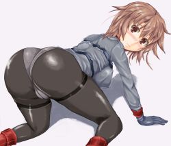 Rule 34 | 1girl, all fours, ass, black pantyhose, blush, boots, breasts, brown eyes, brown hair, cameltoe, from behind, gloves, grey panties, hanging breasts, hibax-fre, looking at viewer, looking back, milihime taisen, military, military uniform, panties, panties under pantyhose, pantyhose, reverberi (milihime taisen), shiny clothes, short hair, solo, thighband pantyhose, top-down bottom-up, underwear, uniform