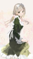 Rule 34 | 1girl, apron, black dress, blonde hair, blush, dress, green eyes, highres, iftuoma, long hair, long sleeves, looking at viewer, looking back, maid, maid apron, maid headdress, original, parted lips, smile, solo, standing, twintails, white apron