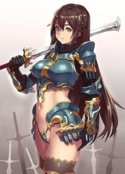 Rule 34 | 1girl, armor, armored boots, bikini armor, black gloves, boots, brown hair, brown thighhighs, fantasy, gauntlets, gloves, gradient background, green eyes, hair ornament, holding, holding sword, holding weapon, houtengeki, long hair, looking at viewer, navel, original, over shoulder, pauldrons, shoulder armor, solo, sword, thighhighs, very long hair, weapon, weapon over shoulder